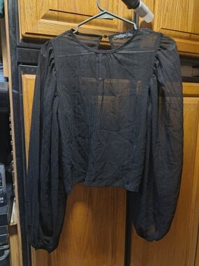 Nasty Gal Black Sheer Balloon-Sleeve Blouse